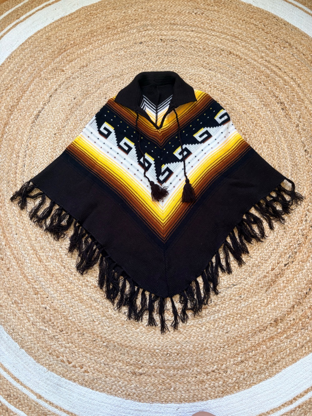 Vintage Handmade Black & Yellow Patterned Fringe Poncho